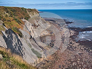 North of Robin Hood`s Bay in Yorkshire, UK, low tide reveals the plateau of the Cleveland Ironstone Formation
