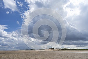 North Sea at the Crimdon beach, Hartlepool and Seaton Carew, England. Dark blue sky and sandy beach in United Kingdom