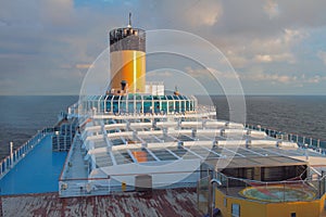 North Sea, Norway - Jul 08, 2018: Deck of cruise liner at sunset