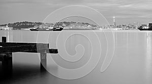 North Seattle Skyline Across Elliott Bay Monochrome Night