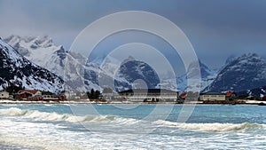 Ramsberg on Flakstad island on the Lofoten islands in winter at sunset photo