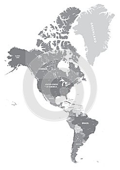 North and South America high detailed political map in grey scales. All layers detached and labeled. Vector