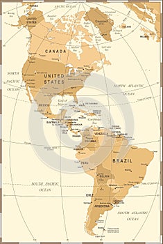 North and South America Map - Vintage Vector Illustration