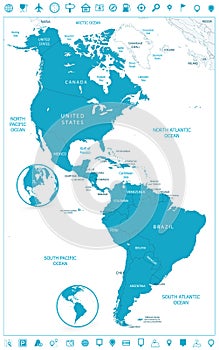 North and South America Political Map and Navigation Icons