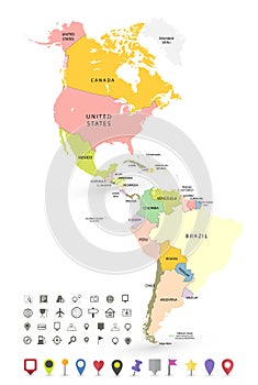 North and South America Political Map On White and Map Icons