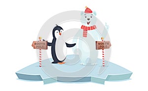 North South pole signs. Polar bear and penguin poles vector illustration. Cute cartoon animals on ice with wooden road