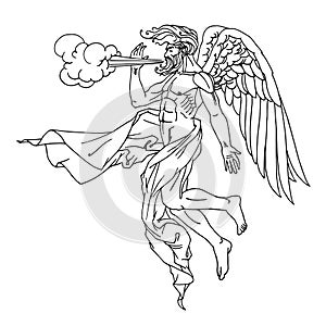 North wind Boreas, Greek god in drapery, flying on wings, mythological character, weather concept