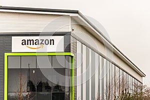 Northampton UK January 23 2018: Amazon Logistics Marketplace logo sign on warehouse wall in Grange Park Industrial