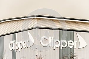 Northampton UK January 23 2018: Clipper Logistics logo sign on warehouse wall in Grange Park Industrial