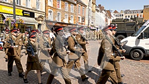 Northampton UK: 29 June 2019 - Armed Forces Day Parade Troops marching on Market Square