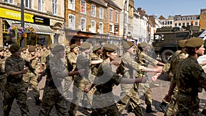 Northampton UK: 29 June 2019 - Armed Forces Day Parade Troops marching on Market Square