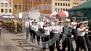 Northampton UK: 29 June 2019 - Armed Forces Day Parade Troops marching on Market Square