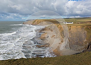 Northcott Mouth beach north of Bude North Cornwall England UK with waves