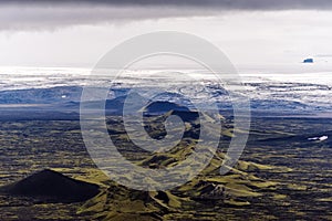 Northeastern part of Lakagigar volcanic fissure as seen from Laki volcano in the direction of Vatnajokull glassier in South of