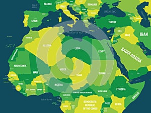 Northern Africa map - green hue colored on dark background. High detailed political map of northern african rgion with