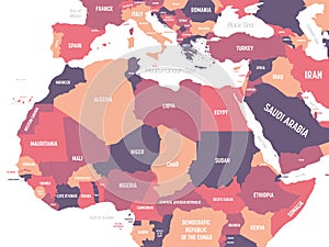 Northern Africa map. High detailed political map of northern african rgion with country, ocean and sea names labeling