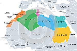 Northern Africa, subregion, political map with single countries