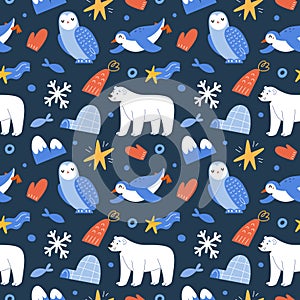Northern animals print, cute polar bear, snow owl and adorable penguin, arctic mammals illustrations, seamless vector