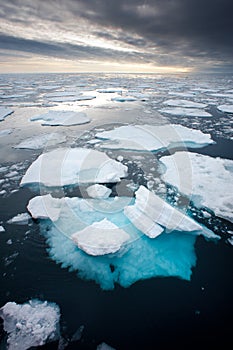 Arktický kryhy sú vidieť rozbíjanie hore a topenie vedúci atmosférický náladový. podnebie kríza a globálne vojna 