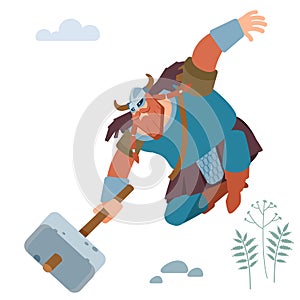 Northern barbarian Viking knight with sledgehammer attacks. Vector flat illustration.