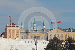 Northern building of Gun yard and minarets of Qol Sharif mosque. Kazan, Russia