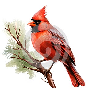 Northern cardinal bird on the branch a white background. Bird, Wildlife Animals.