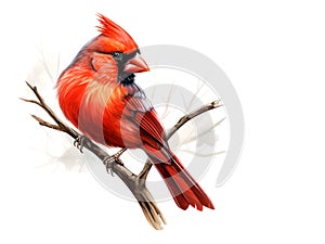 Northern cardinal bird on the branch a white background. Bird, Wildlife Animals. Illustration, Generative AI