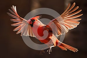 Northern Cardinal Bird in Flight on Dark Background . AI generated Illustration