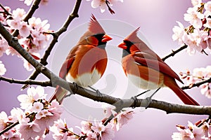 Northern Cardinal Birds on Cherry Blossom Tree.AI Generated