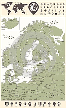 Northern Europe Map and World Map with navigation icons