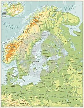 Northern Europe Physical Map. Retro color
