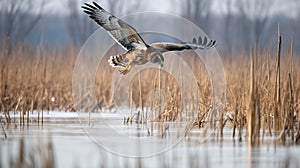 Northern Harrier\'s Ground Swoop in a Winter Marsh