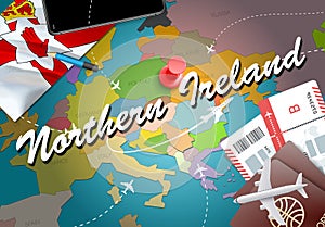 Northern Ireland travel concept map background with planes, tick