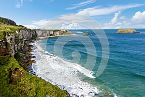 Northern Irish coastline in Carrick-a-rede in Ballycastle. One of the most iconic tourist attractions in Nothern Ireland