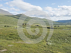 Northern landscape, tundra in Swedish Lapland with wooden cottages of STF Duottar tourist hut, blue artic river and lake