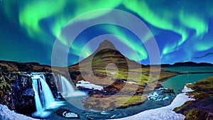 Northern Light, Aurora borealis at Kirkjufell in Iceland. Kirkjufell mountains in winter