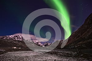 Northern lights above Mt. Veggen in Lofoten, northern Norway