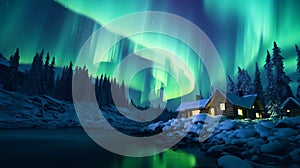 northern lights above wooden cabin