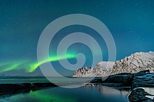 Northern lights, Aurora Borealis, Devil Teeth mountains in the background, Tungeneset, Senja, Norway