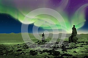 Northern Lights or Aurora Borealis, Iceland and cairn stone piles