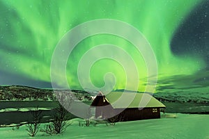 Northern lights Aurora Borealis in the night above a typically a