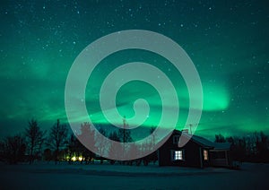 Northern lights Aurora Borealis over cottage in Lapland village. Finland