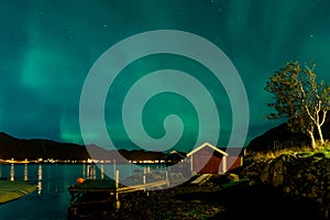 Northern lights Aurora Borealis over illuminated fishing village of reine lofoten islands.