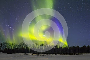 Northern Lights (Aurora borealis) over snowscape.