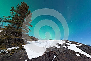 Northern Lights Aurora borealis over snowy rocks