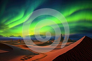 northern lights creating a colorful contrast with desert sand dunes