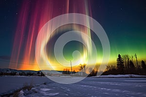 northern lights creating a colorful halo around the moon