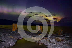 Northern Lights dance above the North Shore of Lake Superior in Minnesota