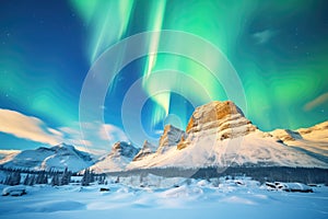 northern lights dancing above snowy peaks