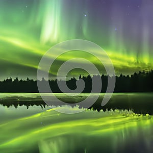 Northern lights, forest, lake and reflection